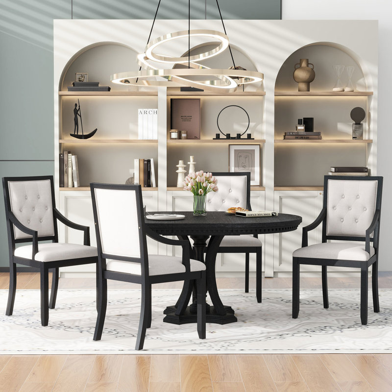 Ensemble de repas rétro extensible 5 places pour la cuisine, table ronde en chêne noir et 4 chaises, peut accueillir 4 personnes, ambiance chaleureuse, plateau plaqué, structures de chaises en bois d'hévéa, idéal pour un souper romantique en famille.