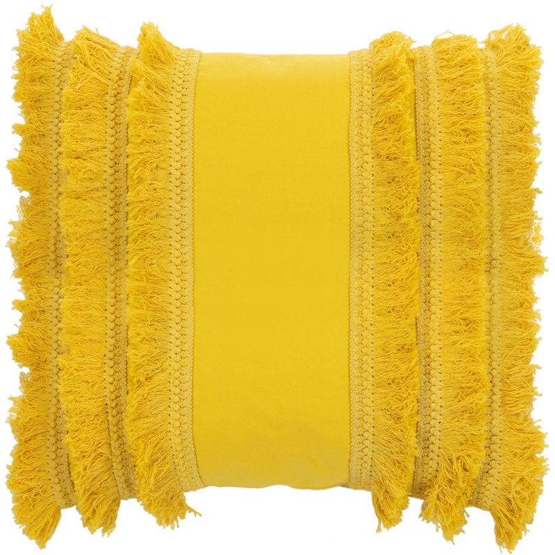 Yellow Cotton Fringed Square Accent Pillow
