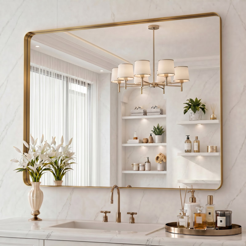 Miroir de salle de bain rectangulaire arrondi de 1,18 po avec cadre en alliage d'aluminium et verre trempé de qualité supérieure Lunara