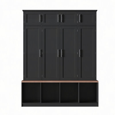 Farmhouse Hall Tree with Hidden Hanging Hooks, Versatile Walnut Seating Bench with 8 Doors, Entryway Shoe Cabinet with Open Compartment for Living Room