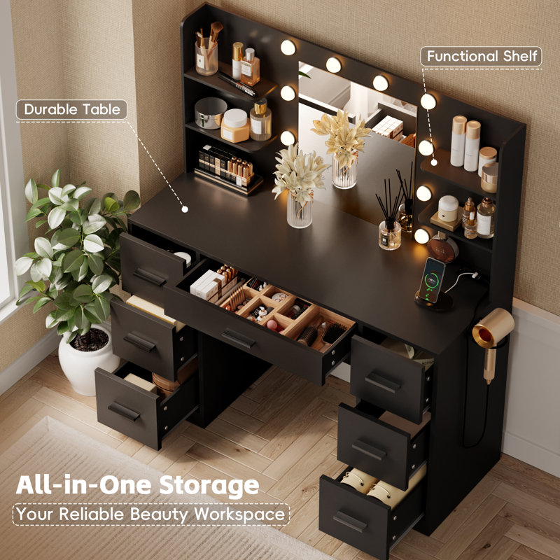 Ragin Makeup Vanity With Usb Power Outlet And 3 Modes Adjustable Brightness Light, Black