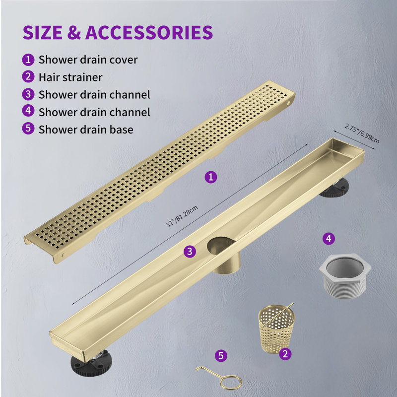 32 In. Stainless Steel Linear Shower Drain With Square Pattern Drain Cover, Brushed Gold