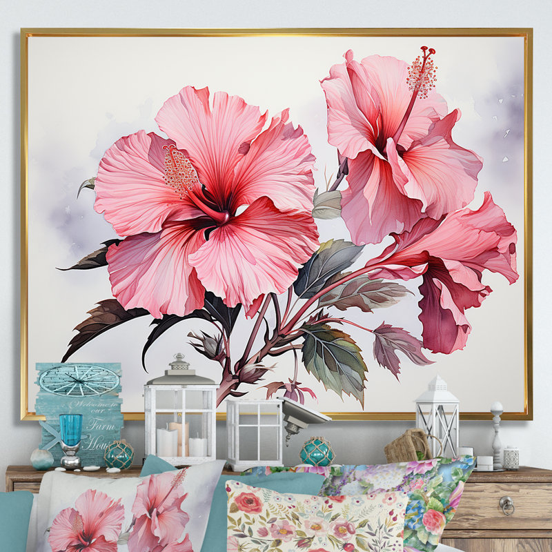 Hibiscus rose, H 30 po x l 40 po x P 1,5 po, Cadre flottant doré