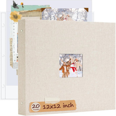 Beige Linen 3 Ring Scrapbook Album, 12x12 Inch Photo Binder with 20 Plastic Sleeves for Family Memory Crafts