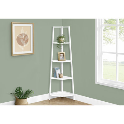 Bookshelf, Bookcase, Etagere, Corner, 4 Tier, 60"h, Office, Bedroom, White Laminate, White Metal, Contemporary, Modern