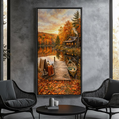 «Autumn Lake Cabin Retreat Forest Landscape Wall Decor», reproduction d'art sur toile encadrée