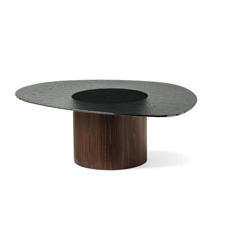 Mushroom Pedestal Coffee Table with Wooden Base, Transparent Smoke Gray Top/Smoke Base