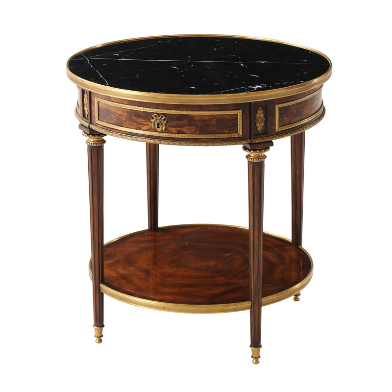 Circular Fluted Mahogany End Table with Brass Inlay and Marble Top