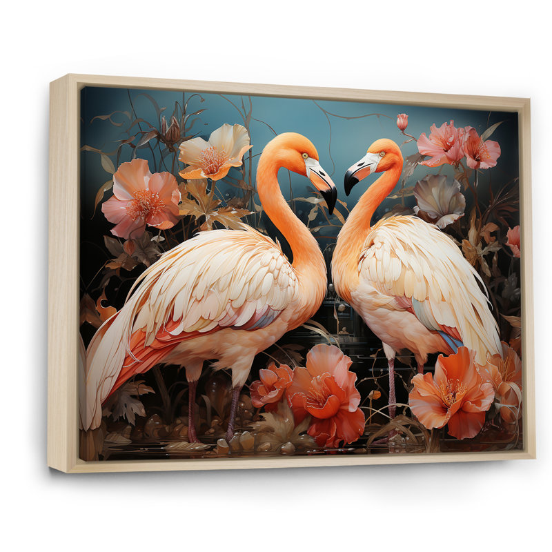 «Graceful Orange Flamingo Ballet» sur toile, Cadre naturel flottant, H 34 po x l 44 po x P 1,5 po