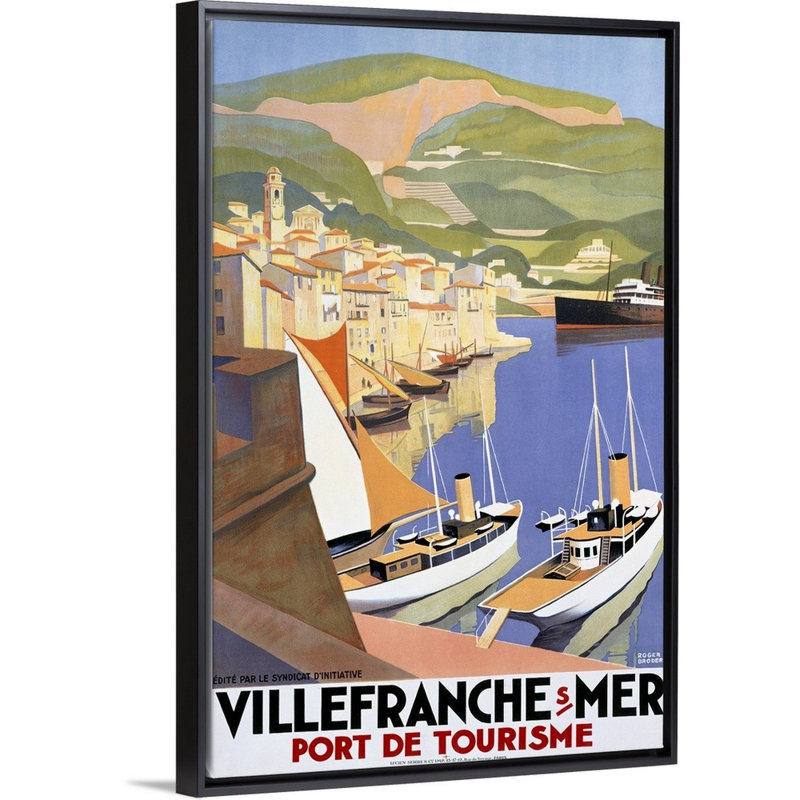 «Villefranche sur Mer», affiche rétro par Roger Broders, reproduction d'art sur toile encadrée par Roger Broders, Cadre noir