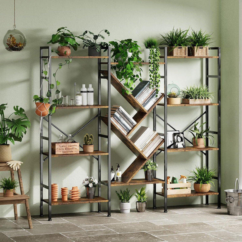 Bibliothèque à 4 niveaux en bois - grande bibliothèque ouverte avec 14 tablettes de présentation - structure en métal robuste - support de rangement rustique pour le salon, la chambre à coucher, le bureau