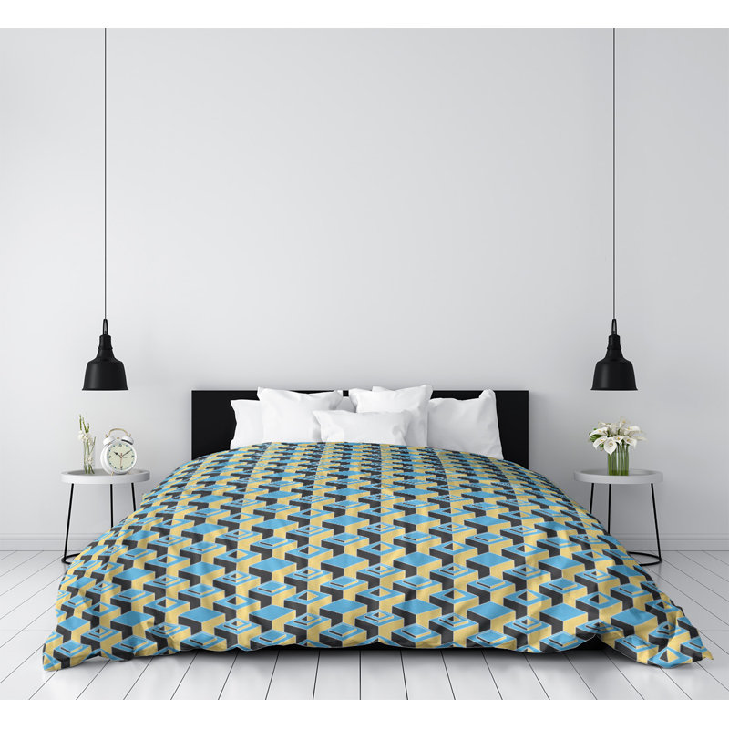 Housse de couette simple à motif de gratte-ciels foncés, Housse de couette simple TG, Aqua/jaune, Polyester brossé
