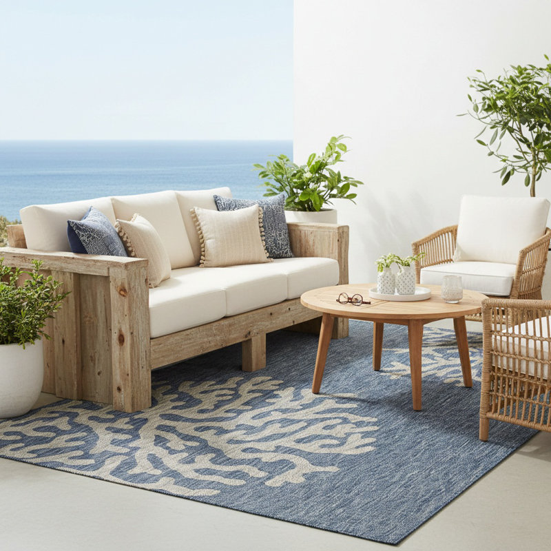 Tapis intérieur / extérieur bleu marine / gris Christiane, Rectangle 5 pi x 7 pi