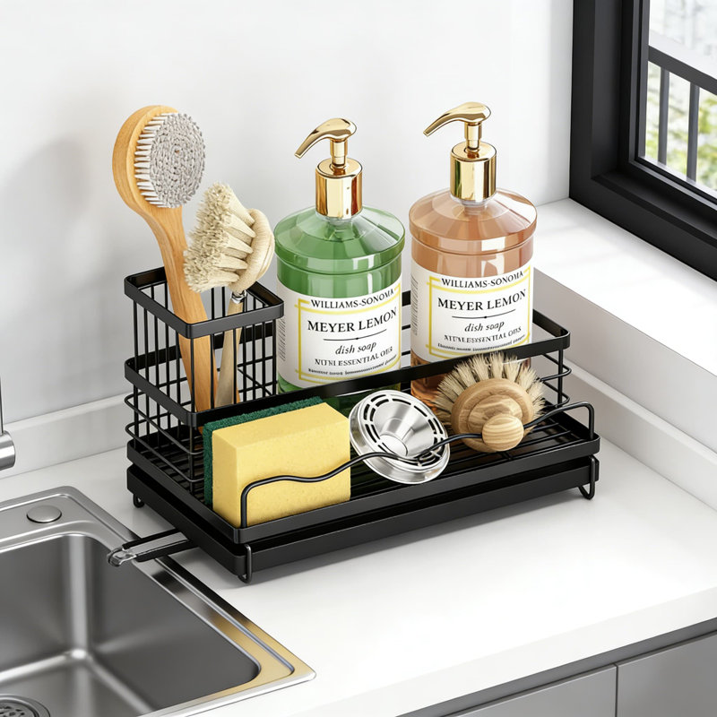 Porte-éponge à vidange automatique pour évier de cuisine, grand organisateur de chariot d'évier avec bec rotatif et porte-brosse, rangement en acier inoxydable antirouille pour comptoir