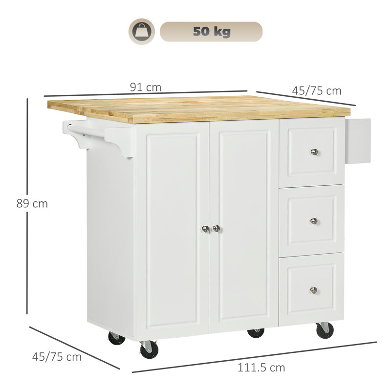 Tetonia Rolling Kitchen Island, Kitchen Storage Trolley w/ Drop Leaf, Drawers