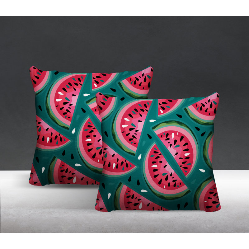 Oreiller carré intérieur / extérieur Yumelon Watermelon, L 15 po x H 15 po, Émeraude / rouge