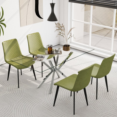 47.24" Rectangular Tempered Glass-Top Dining Set, Modern Minimalist Glass Dining Table With Faux Leather Dining Chairs, Dining Room And Kitchen Furniture