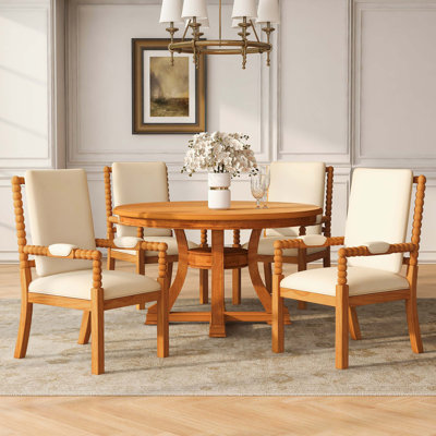 Retro 5-Piece Dining Set with Extendable Round Table and Upholstered Chairs