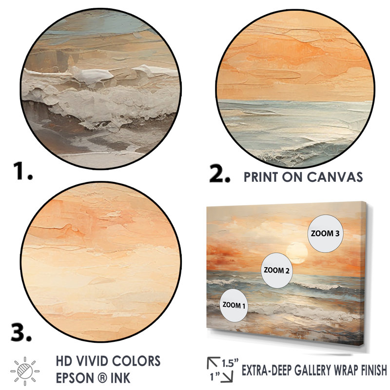 Art sur toile, coucher de soleil sur la plage, H 24 po x l 32 po x P 1 po, Encadrement argenté