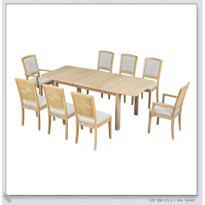 Ensemble de table de salle à manger extensible rustique de 84 pouces avec rallonge amovible de 24 pouces, 6 chaises sans accoudoirs rembourrées et 2 fauteuils rembourrés, 9 pièces