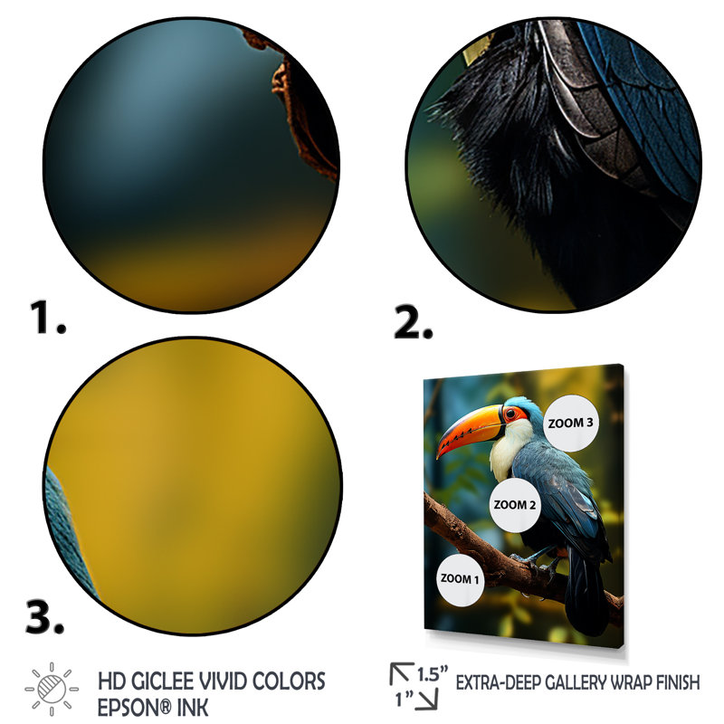 Bleu et blanc, jungle tropicale toucan, Toile tendue, H 20 po x l 12 po x P 1 po