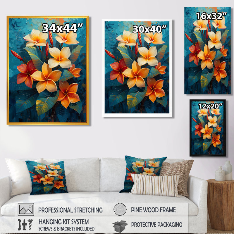 Plumeria orange vif Bouquet Ii II - Plumeria, Toile avec cadre flottant noir, H 20 po x l 12 po x P 1 po