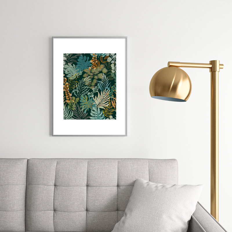 DESIGN, impression de nuit encadrée, feuilles tropicales émeraude de Dannick, Cadre métallique argenté