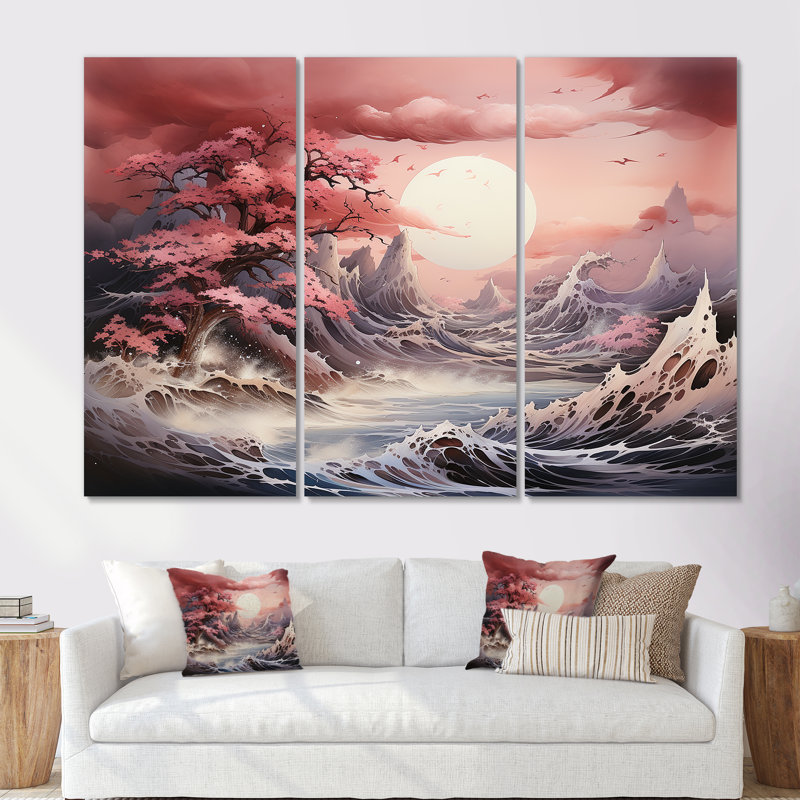 Paysage de tempête océan Japon - ensemble de décorations murales tempêtes, H 28 po x l 36 po x P 1 po, Toile tendue