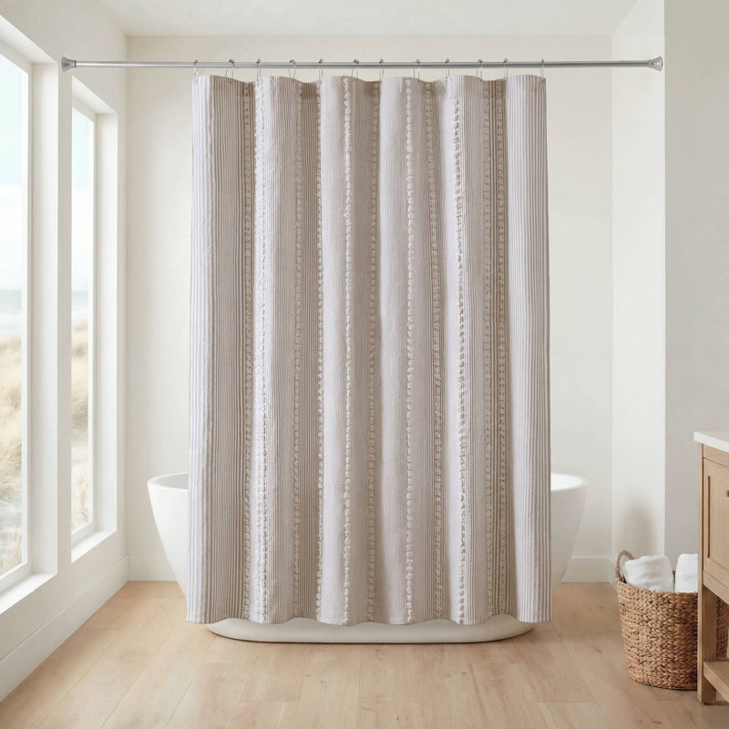 Anslee Cotton Striped Shower Curtain, Gris