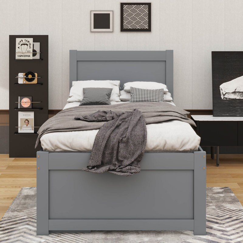 Un lit plateforme avec un tiroir et deux tablettes, Gris, Simple