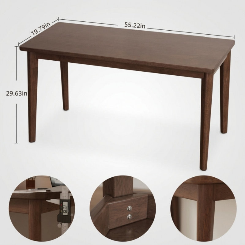 Bureau en bois d'hévéa massif FAS Grade 55,2 po, bureau d'écriture moderne Mid-Century pour bureau à domicile