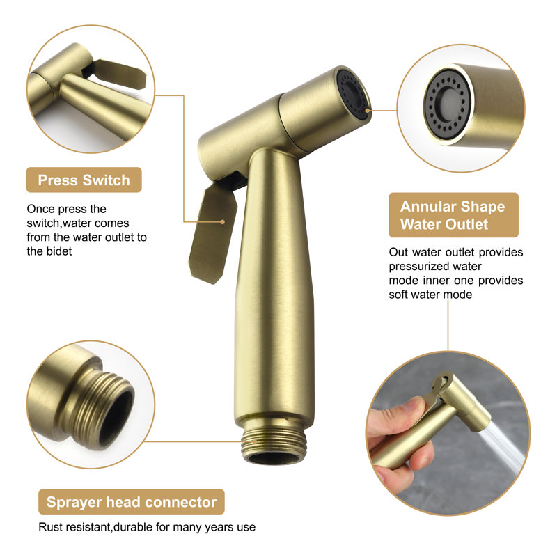 Elongated Hand Held Bidet with Faucet, Brushed Gold