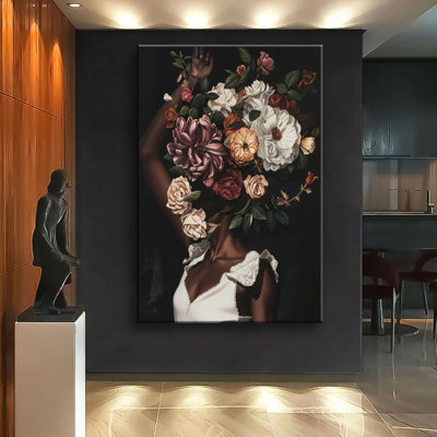 Black Woman Flower Head Wall Art, African American Wall Art, Black Girl Magic Art, Modern Woman Portrait, 24X36 Inch Framed Art Print For Living Room, Bedroom, Office