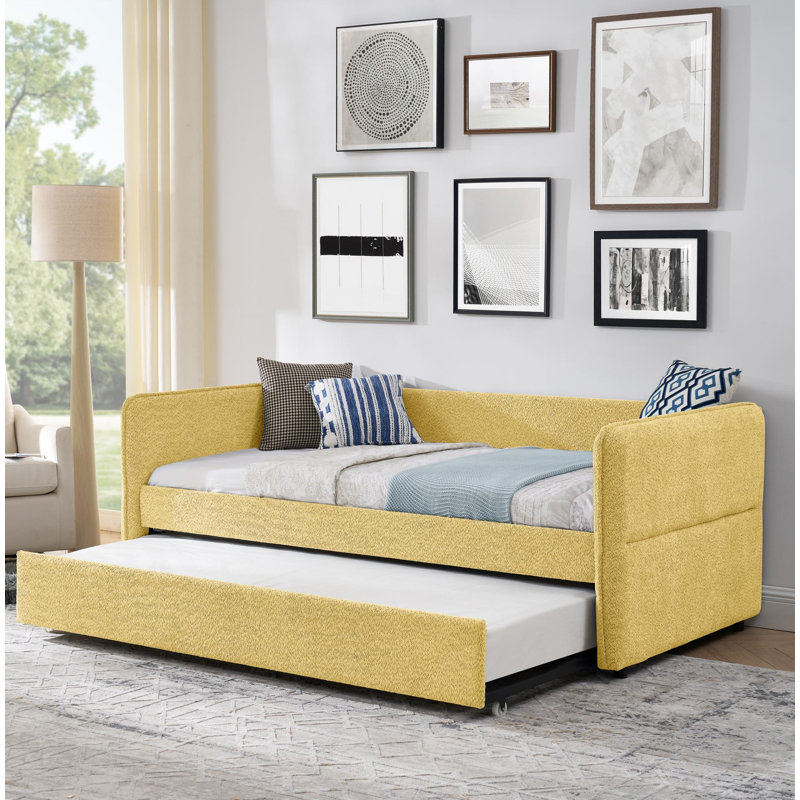Lit de jour avec canapé-lit tapissier capitonné Popup, taille simple, tissu Boucle, Lit simple, Jaune