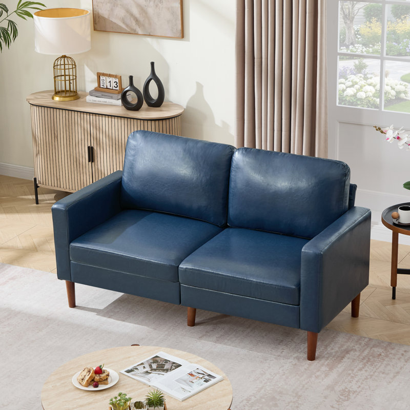 65" Faux Leather  Classic Loveseat Mid-Century Modern Sofa, Royal Blue Faux Leather