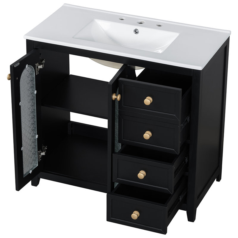 meuble-lavabo avec deux portes réglables à fermeture en douceur et trois tiroirs, Noir
