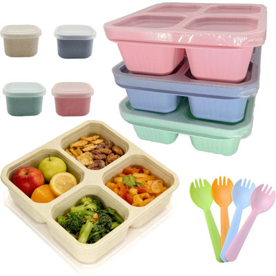 4 Pcs Snack Box Containers Set, Reusable 4 Compartment Lunchable Container with 4 Sauce Pots, Stackable BPA-Free Bento Box for Meal Prep Picnic Office Travel