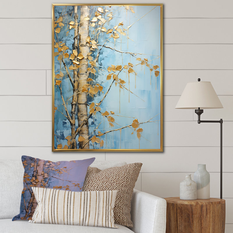 «Blue Mom», reproduction de toile de bambou bleue et dorée_106597, H 40 po x l 30 po x P 1,5 po, Cadre flottant doré