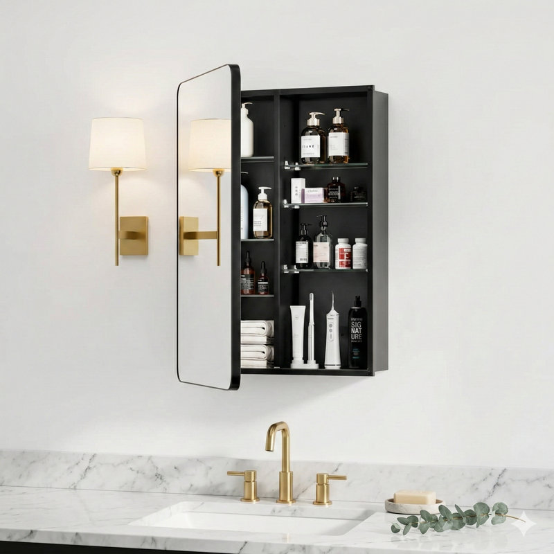 Leiston encastré ou à fixation en surface sans cadre avec miroir et tablettes réglables, 30" H x 20" W x 6" D