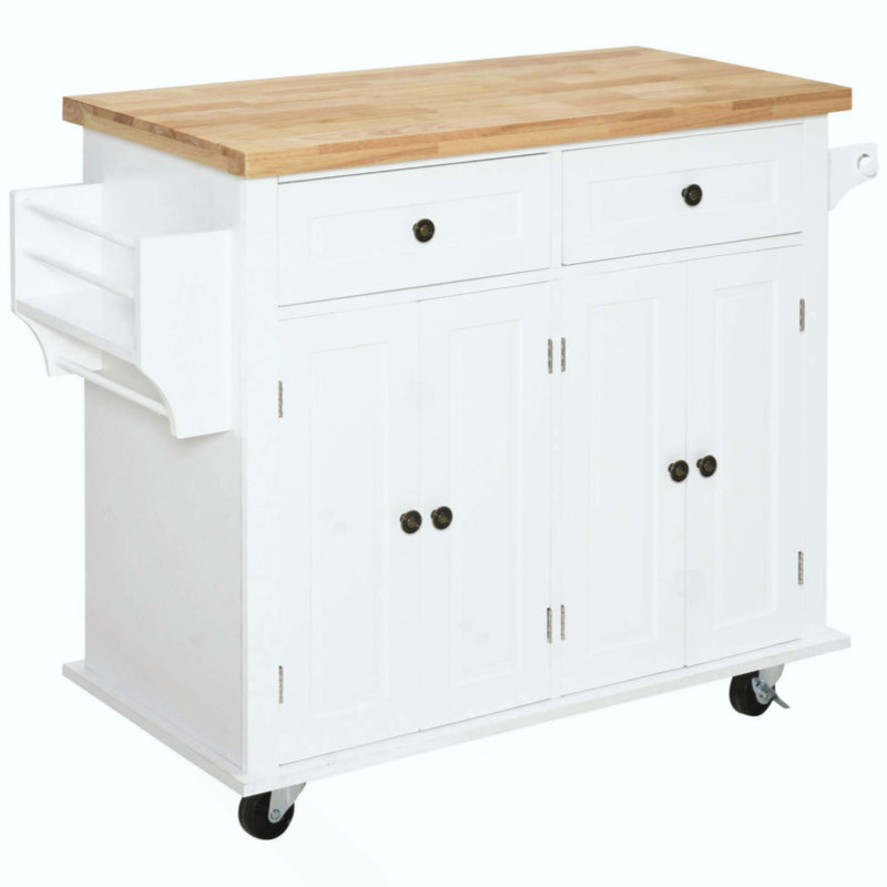 Kitchen Island On Wheels, Rolling Cart With Rubberwood Top, Spice Rack, Towel Rack And Drawers For Dining Room, White