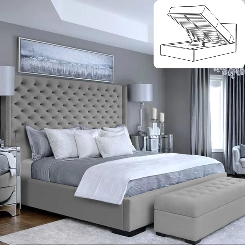 Thielsen Chesterfield Ottoman Storage Bed - Plush Velvet Gas Lift Bed Frame with Headboard, Single (3'), Silver