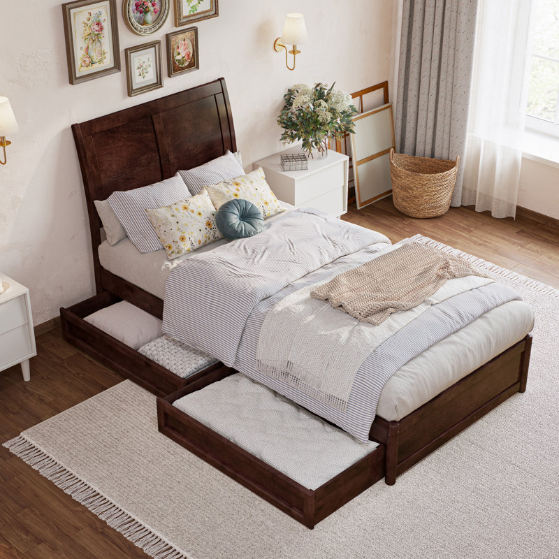 Lit plateforme en bois massif Lamayia avec pied de lit et tiroirs de rangement, Extra-Long Twin, Walnut