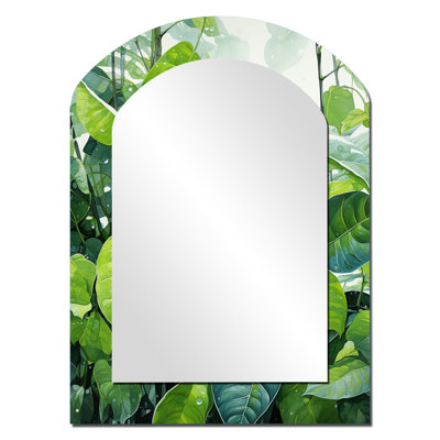 «Urban Leaves Forest Greenery» - miroir mural à feuilles arquées, miroir décoratif asymétrique vert, impression sur métal
