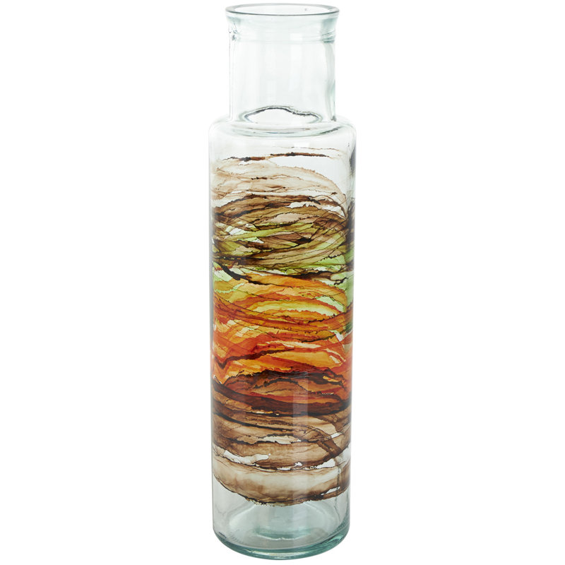 Donsha Recycled Glass Abstract Decorative Clear Vase with Swirled Colored Glass Bands, Multi-Color, 21.65"H x 5.65"W x 5.85"D