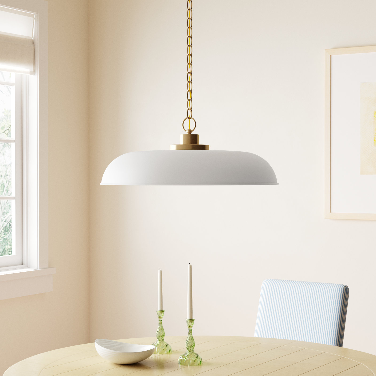 Eddy Dimmable Dome Single Light Pendant, Matte White/Burnished Brass, 8" H x 24" W x 24" D