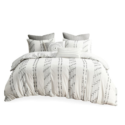 Cotton Duvet Cover Full/Queen - Gray Stripes And Reverse, 4 Corner Ties, Machine Washable, , With Embroidered Stripes, Back, Buttoned, Tied