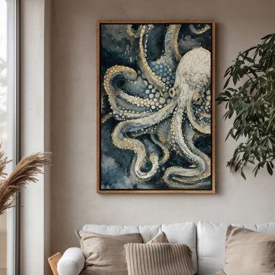 Art mural encadré sur toile - Pieuvre rétro aux couleurs de l'océan profond - 16 po x 24 po, 24 po x 36 po