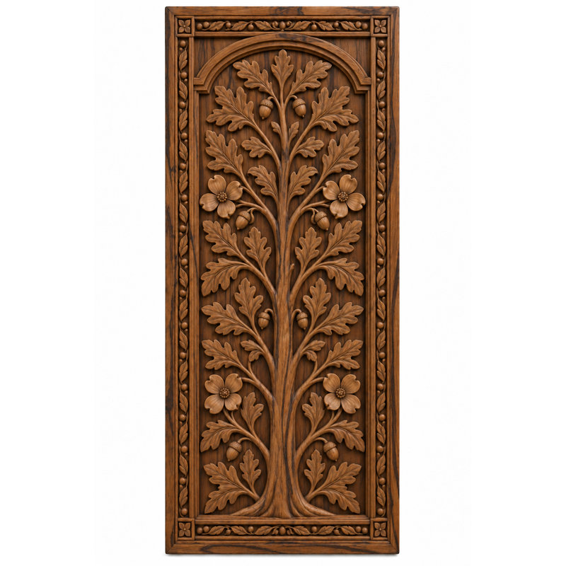 Hand-Carved Solid Teak Oak Tree Wall Panel with Dogwood Blossoms