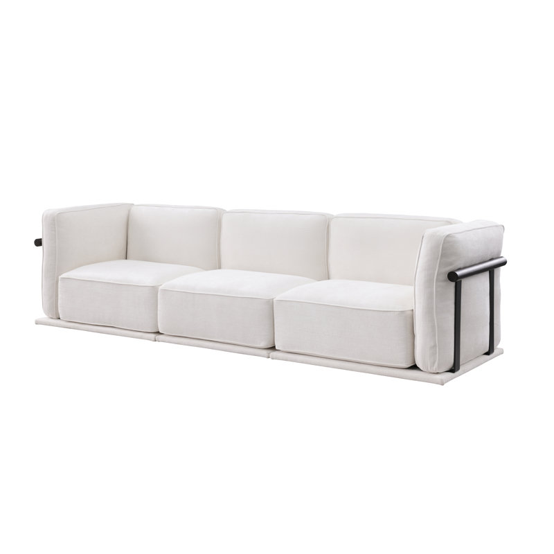 3-seat Modular  Sofa In Textured Chenille With Decorative Wood-metal Armrests And Multi-functional Ottoman, White Chenille