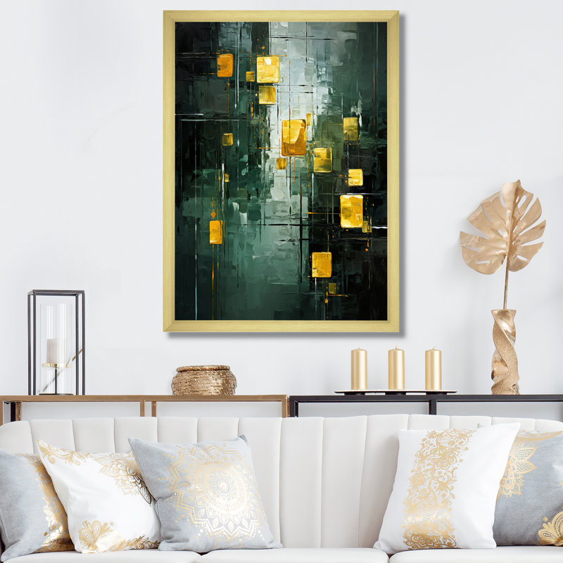«Emerald Reflections Abstract Cubist», reproduction d'art sur toile, H 20 po x l 12 po x P 1 po, Encadrement doré